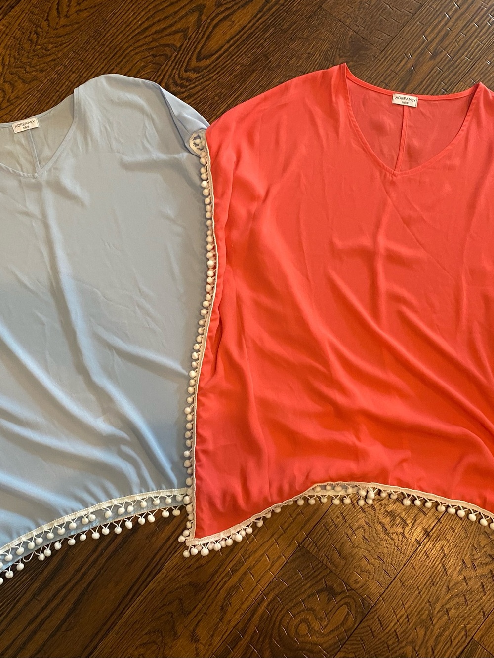 Pom Pom Trim V-Neck Tunic swim cover up- Light Blue & Coral